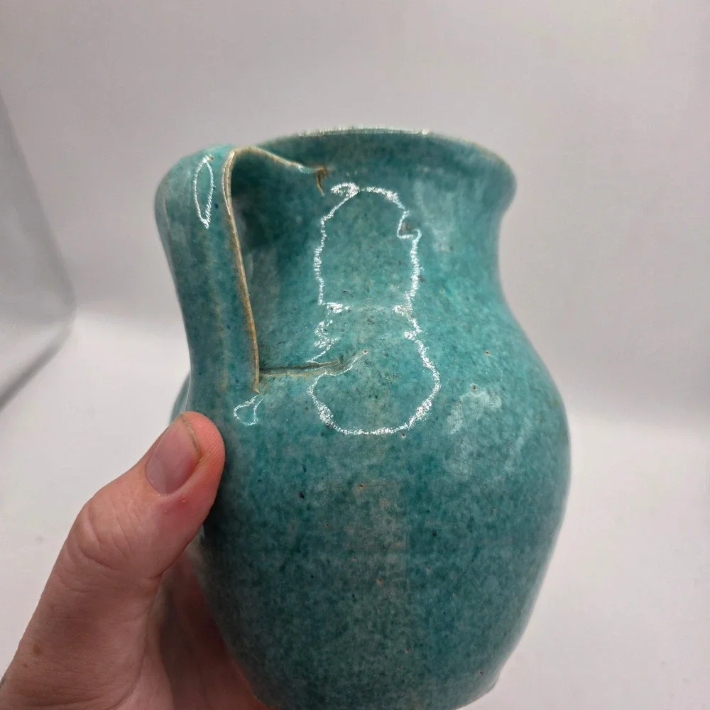 Vintage Monmouth Pottery Turquoise Double Handle Vase Aqua Art Pottery USA